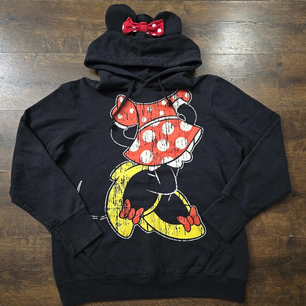Disney Parks Hoodie Womens XL Black Minnie Mouse Ears Bow Fleece Pullover